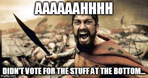 Sparta Leonidas Meme | AAAAAAHHHH; DIDN'T VOTE FOR THE STUFF AT THE BOTTOM... | image tagged in memes,sparta leonidas | made w/ Imgflip meme maker