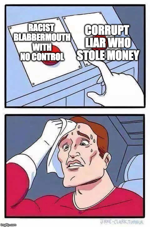 decisions | CORRUPT LIAR WHO STOLE MONEY; RACIST BLABBERMOUTH WITH NO CONTROL | image tagged in decisions | made w/ Imgflip meme maker