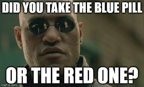 Matrix Morpheus | DID YOU TAKE THE BLUE PILL; OR THE RED ONE? | image tagged in memes,matrix morpheus | made w/ Imgflip meme maker