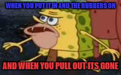 Spongegar Meme | WHEN YOU PUT IT IN AND THE RUBBERS ON; AND WHEN YOU PULL OUT ITS GONE | image tagged in memes,spongegar | made w/ Imgflip meme maker