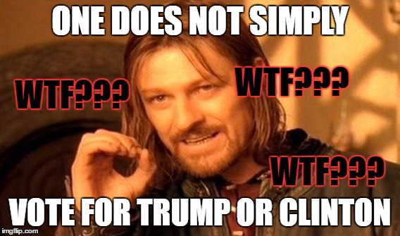 One SIMPLE thing cannot be done | ONE DOES NOT SIMPLY; WTF??? WTF??? WTF??? VOTE FOR TRUMP OR CLINTON | image tagged in memes,one does not simply | made w/ Imgflip meme maker