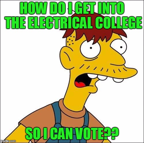 Some Kind Of Moron | HOW DO I GET INTO THE ELECTRICAL COLLEGE; SO I CAN VOTE?? | image tagged in some kind of moron | made w/ Imgflip meme maker