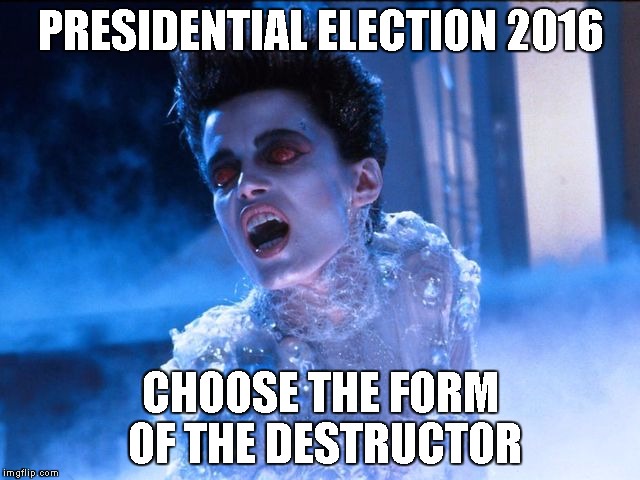 Gozer  | PRESIDENTIAL ELECTION 2016; CHOOSE THE FORM OF THE DESTRUCTOR | image tagged in gozer | made w/ Imgflip meme maker