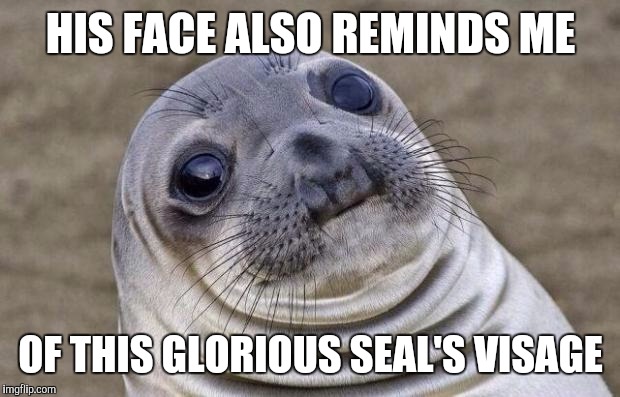Awkward Moment Sealion Meme | HIS FACE ALSO REMINDS ME OF THIS GLORIOUS SEAL'S VISAGE | image tagged in memes,awkward moment sealion | made w/ Imgflip meme maker