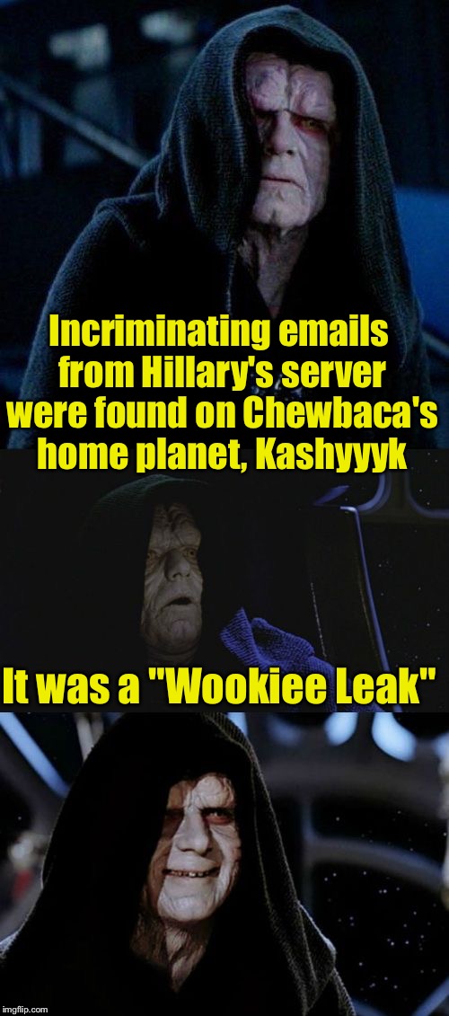 Bad Pun Palpatine | Incriminating emails from Hillary's server were found on Chewbaca's home planet, Kashyyyk; It was a "Wookiee Leak" | image tagged in bad pun palpatine | made w/ Imgflip meme maker