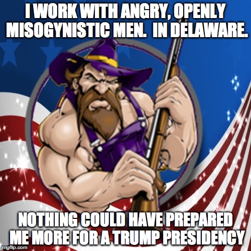 armed hillbilly | I WORK WITH ANGRY, OPENLY MISOGYNISTIC MEN.  IN DELAWARE. NOTHING COULD HAVE PREPARED ME MORE FOR A TRUMP PRESIDENCY | image tagged in armed hillbilly | made w/ Imgflip meme maker