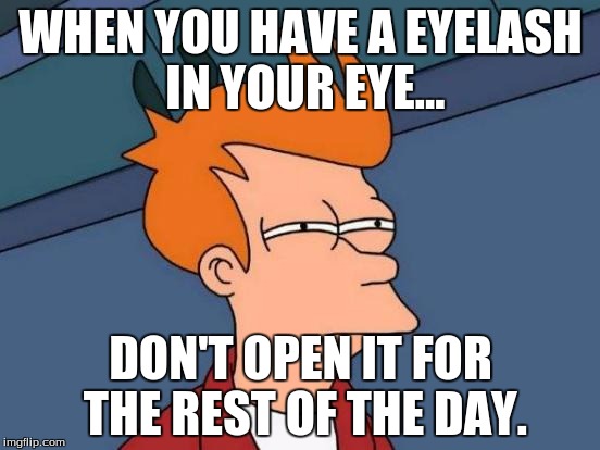 Futurama Fry | WHEN YOU HAVE A EYELASH IN YOUR EYE... DON'T OPEN IT FOR THE REST OF THE DAY. | image tagged in memes,futurama fry | made w/ Imgflip meme maker