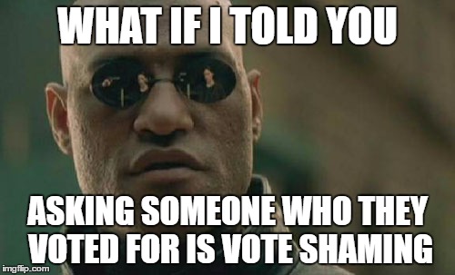 Matrix Morpheus | WHAT IF I TOLD YOU; ASKING SOMEONE WHO THEY VOTED FOR IS VOTE SHAMING | image tagged in memes,matrix morpheus | made w/ Imgflip meme maker