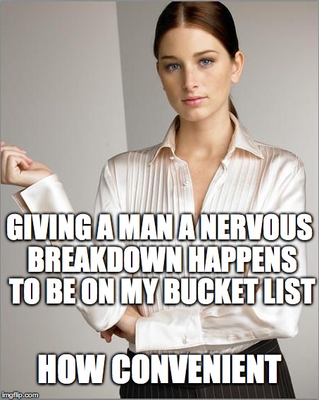 Smart Businesswoman | GIVING A MAN A NERVOUS BREAKDOWN HAPPENS TO BE ON MY BUCKET LIST; HOW CONVENIENT | image tagged in smart businesswoman | made w/ Imgflip meme maker