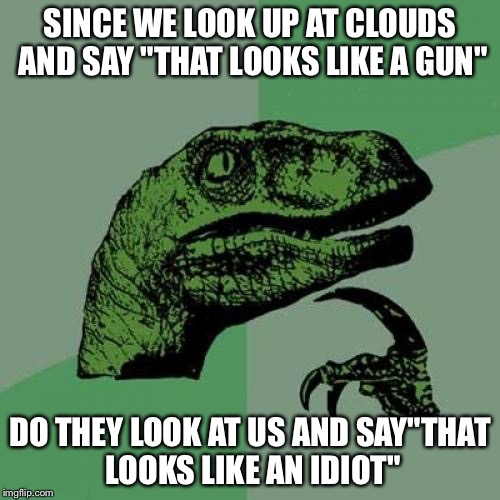 Philosoraptor | SINCE WE LOOK UP AT CLOUDS AND SAY "THAT LOOKS LIKE A GUN"; DO THEY LOOK AT US AND SAY"THAT LOOKS LIKE AN IDIOT" | image tagged in memes,philosoraptor | made w/ Imgflip meme maker