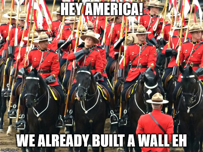 HEY AMERICA! WE ALREADY BUILT A WALL EH | image tagged in mounty | made w/ Imgflip meme maker