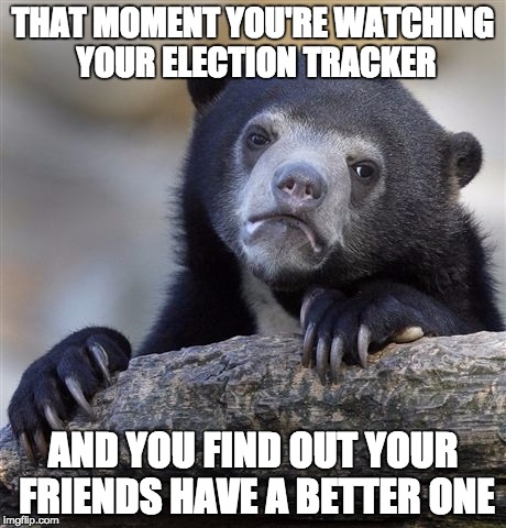 Confession Bear | THAT MOMENT YOU'RE WATCHING YOUR ELECTION TRACKER; AND YOU FIND OUT YOUR FRIENDS HAVE A BETTER ONE | image tagged in memes,confession bear | made w/ Imgflip meme maker