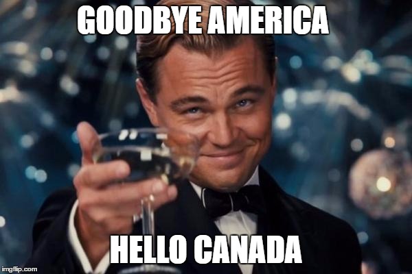 Leonardo Dicaprio Cheers Meme | GOODBYE AMERICA; HELLO CANADA | image tagged in memes,leonardo dicaprio cheers | made w/ Imgflip meme maker