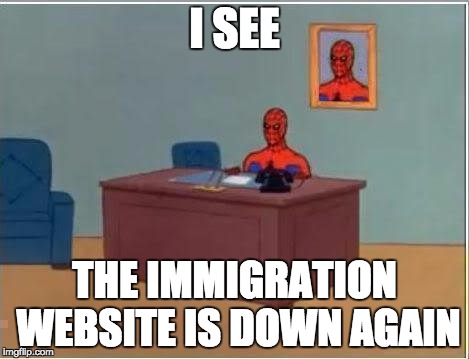 Spiderman Computer Desk Meme | I SEE; THE IMMIGRATION WEBSITE IS DOWN AGAIN | image tagged in memes,spiderman computer desk,spiderman | made w/ Imgflip meme maker