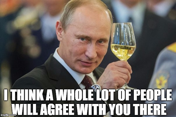 Putin Cheers | I THINK A WHOLE LOT OF PEOPLE WILL AGREE WITH YOU THERE | image tagged in putin cheers | made w/ Imgflip meme maker