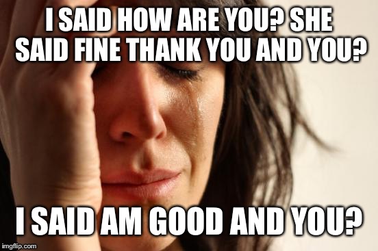 First World Problems | I SAID HOW ARE YOU? SHE SAID FINE THANK YOU AND YOU? I SAID AM GOOD AND YOU? | image tagged in memes,first world problems | made w/ Imgflip meme maker