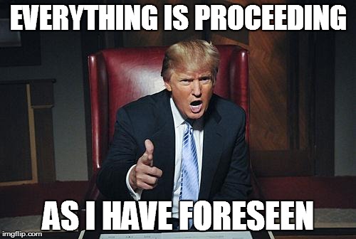 Donald Trump You're Fired | EVERYTHING IS PROCEEDING; AS I HAVE FORESEEN | image tagged in donald trump you're fired | made w/ Imgflip meme maker