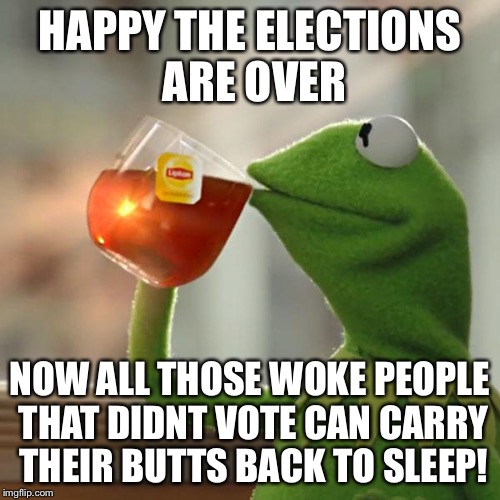 But That's None Of My Business | HAPPY THE ELECTIONS ARE OVER; NOW ALL THOSE WOKE PEOPLE THAT DIDNT VOTE CAN CARRY THEIR BUTTS BACK TO SLEEP! | image tagged in memes,but thats none of my business,kermit the frog | made w/ Imgflip meme maker
