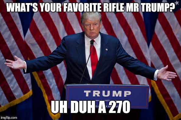Donald Trump | WHAT'S YOUR FAVORITE RIFLE MR TRUMP? UH DUH A 270 | image tagged in donald trump | made w/ Imgflip meme maker