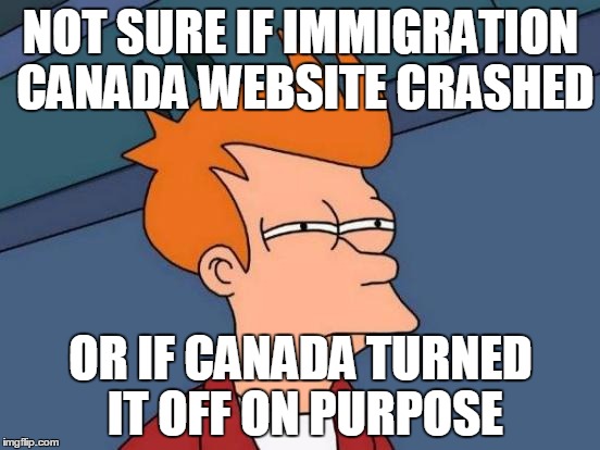 Futurama Fry Meme | NOT SURE IF IMMIGRATION CANADA WEBSITE CRASHED; OR IF CANADA TURNED IT OFF ON PURPOSE | image tagged in memes,futurama fry | made w/ Imgflip meme maker