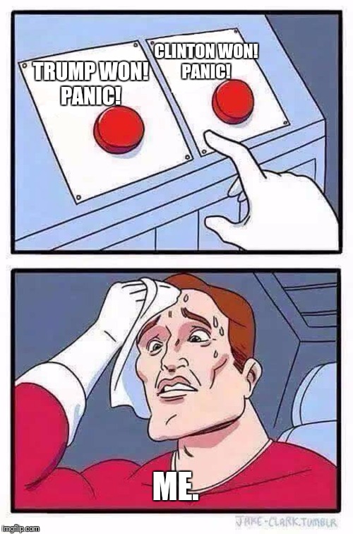 My overriding thought about the election tonight... | CLINTON WON! PANIC! TRUMP WON! PANIC! ME. | image tagged in decisions,political meme | made w/ Imgflip meme maker