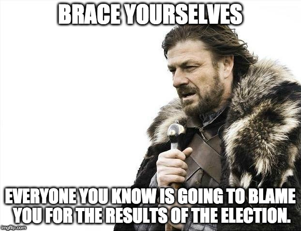 Brace Yourselves X is Coming | BRACE YOURSELVES; EVERYONE YOU KNOW IS GOING TO BLAME YOU FOR THE RESULTS OF THE ELECTION. | image tagged in memes,brace yourselves x is coming | made w/ Imgflip meme maker