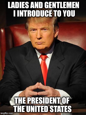 Serious Trump | LADIES AND GENTLEMEN I INTRODUCE TO YOU; THE PRESIDENT OF THE UNITED STATES | image tagged in serious trump | made w/ Imgflip meme maker
