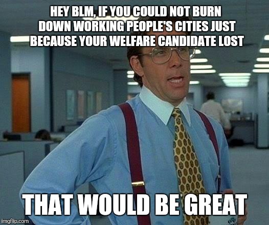 That Would Be Great Meme | HEY BLM, IF YOU COULD NOT BURN DOWN WORKING PEOPLE'S CITIES JUST BECAUSE YOUR WELFARE CANDIDATE LOST; THAT WOULD BE GREAT | image tagged in memes,that would be great | made w/ Imgflip meme maker