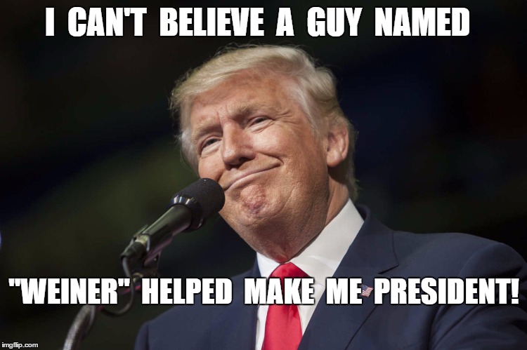 Trump Win | I  CAN'T  BELIEVE  A  GUY  NAMED; "WEINER"  HELPED  MAKE  ME  PRESIDENT! | image tagged in weiner,meme | made w/ Imgflip meme maker