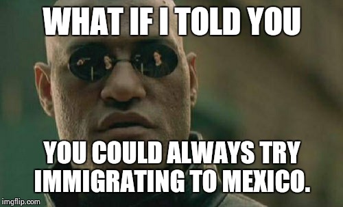 Matrix Morpheus Meme | WHAT IF I TOLD YOU YOU COULD ALWAYS TRY IMMIGRATING TO MEXICO. | image tagged in memes,matrix morpheus | made w/ Imgflip meme maker