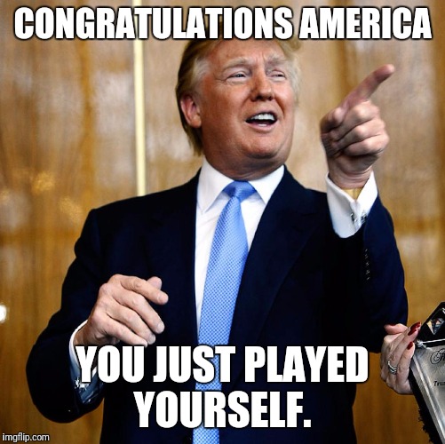 Donald Trump | CONGRATULATIONS AMERICA; YOU JUST PLAYED YOURSELF. | image tagged in donald trump | made w/ Imgflip meme maker