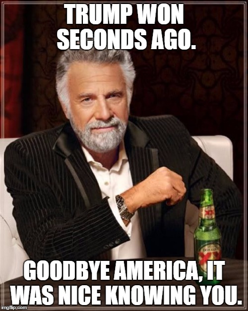 The Most Interesting Man In The World | TRUMP WON SECONDS AGO. GOODBYE AMERICA, IT WAS NICE KNOWING YOU. | image tagged in memes,the most interesting man in the world | made w/ Imgflip meme maker
