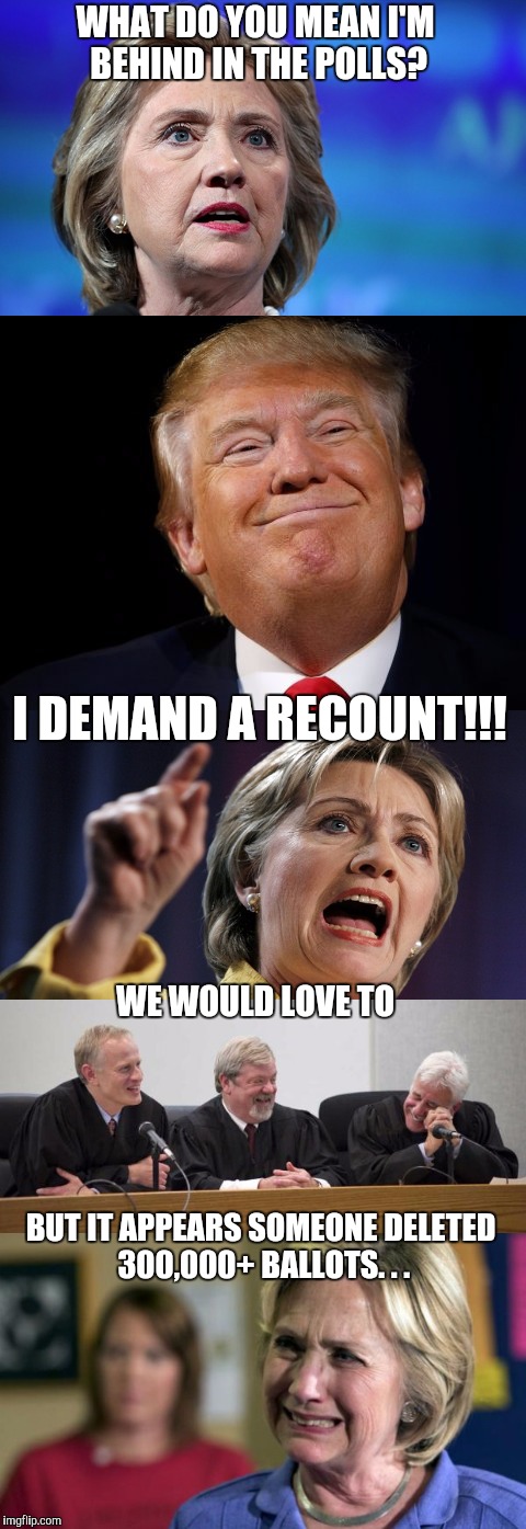Deleted Ballots | WHAT DO YOU MEAN I'M BEHIND IN THE POLLS? I DEMAND A RECOUNT!!! WE WOULD LOVE TO; BUT IT APPEARS SOMEONE DELETED 300,000+ BALLOTS. . . | image tagged in hillary emails,crooked hillary,donald trump,funny memes,election 2016 | made w/ Imgflip meme maker