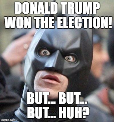 I would have voted for Batman... | DONALD TRUMP WON THE ELECTION! BUT... BUT... BUT... HUH? | image tagged in shocked batman,donald trump,election 2016,presidential race | made w/ Imgflip meme maker