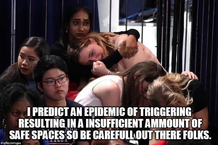 I PREDICT AN EPIDEMIC OF TRIGGERING RESULTING IN A INSUFFICIENT AMMOUNT OF SAFE SPACES SO BE CAREFULL OUT THERE FOLKS. | image tagged in hil | made w/ Imgflip meme maker