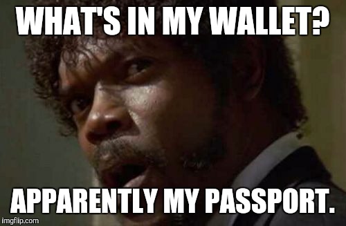 Samuel Jackson Glance |  WHAT'S IN MY WALLET? APPARENTLY MY PASSPORT. | image tagged in memes,samuel jackson glance | made w/ Imgflip meme maker