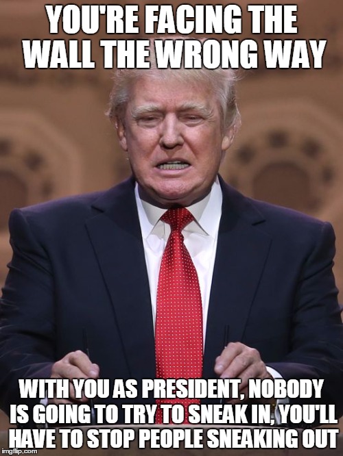 You're Facing the Wall the Wrong Way | YOU'RE FACING THE WALL THE WRONG WAY; WITH YOU AS PRESIDENT, NOBODY IS GOING TO TRY TO SNEAK IN, YOU'LL HAVE TO STOP PEOPLE SNEAKING OUT | image tagged in donald trump,wall,election 2016,memes | made w/ Imgflip meme maker