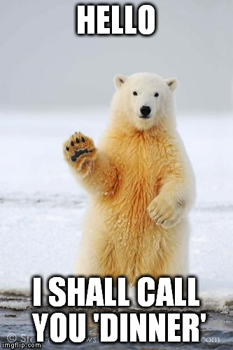 hello polar bear | HELLO; I SHALL CALL YOU 'DINNER' | image tagged in hello polar bear | made w/ Imgflip meme maker