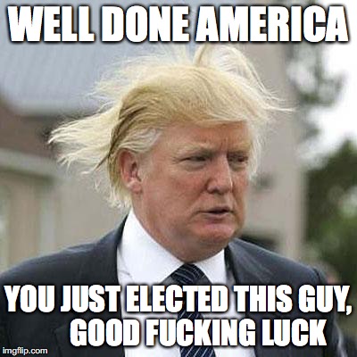 Donald Trump | WELL DONE AMERICA; YOU JUST ELECTED THIS GUY,       GOOD FUCKING LUCK | image tagged in donald trump | made w/ Imgflip meme maker