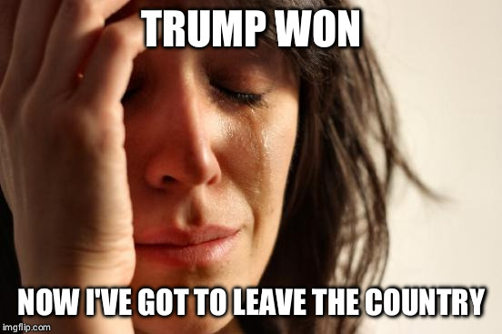 First World Problems | TRUMP WON; NOW I'VE GOT TO LEAVE THE COUNTRY | image tagged in memes,first world problems | made w/ Imgflip meme maker
