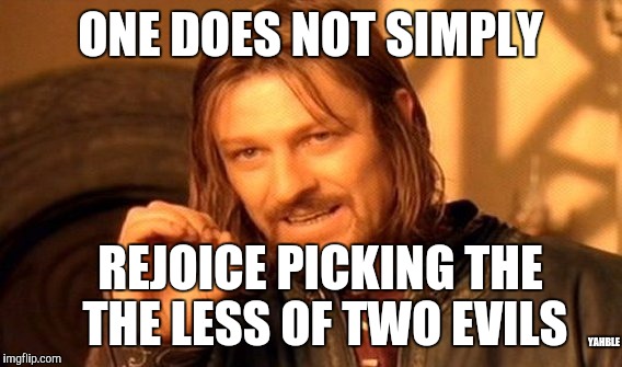 One Does Not Simply Meme | ONE DOES NOT SIMPLY; REJOICE PICKING THE THE LESS OF TWO EVILS; YAHBLE | image tagged in memes,one does not simply | made w/ Imgflip meme maker