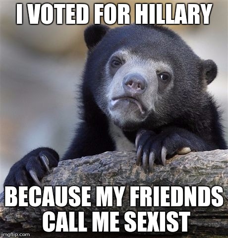 Confession Bear | I VOTED FOR HILLARY; BECAUSE MY FRIEDNDS CALL ME SEXIST | image tagged in memes,confession bear | made w/ Imgflip meme maker