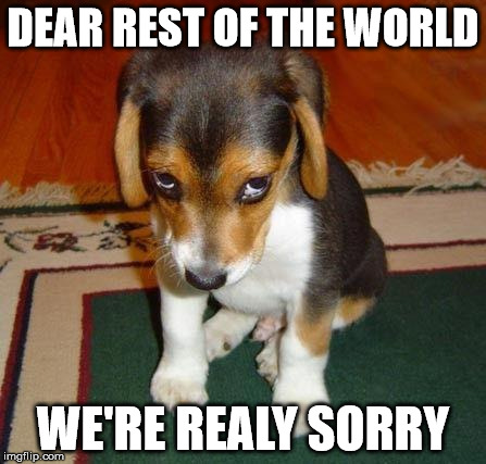 Sorry Dog | DEAR REST OF THE WORLD; WE'RE REALY SORRY | image tagged in sorry,trump 2016 | made w/ Imgflip meme maker