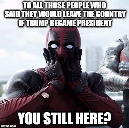 Deadpool Surprised | TO ALL THOSE PEOPLE WHO SAID THEY WOULD LEAVE THE COUNTRY IF TRUMP BECAME PRESIDENT; YOU STILL HERE? | image tagged in memes,deadpool surprised | made w/ Imgflip meme maker