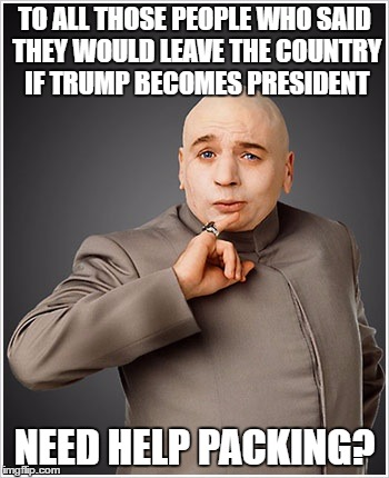 Dr Evil |  TO ALL THOSE PEOPLE WHO SAID THEY WOULD LEAVE THE COUNTRY IF TRUMP BECOMES PRESIDENT; NEED HELP PACKING? | image tagged in memes,dr evil | made w/ Imgflip meme maker