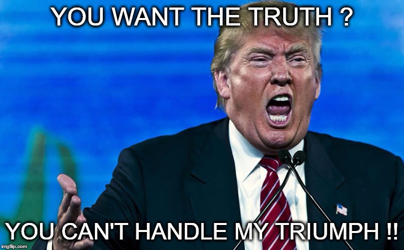 angry trump |  YOU WANT THE TRUTH ? YOU CAN'T HANDLE MY TRIUMPH !! | image tagged in angry trump | made w/ Imgflip meme maker