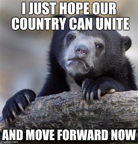 Confession Bear Meme | I JUST HOPE OUR COUNTRY CAN UNITE AND MOVE FORWARD NOW | image tagged in memes,confession bear | made w/ Imgflip meme maker