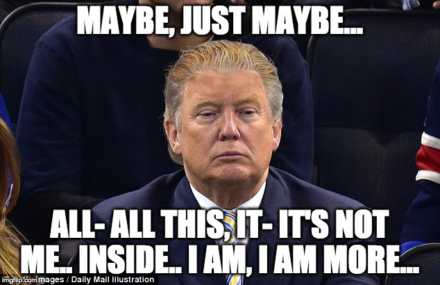 Maybe | MAYBE, JUST MAYBE... ALL- ALL THIS, IT- IT'S NOT ME.. INSIDE.. I AM, I AM MORE... | image tagged in trump,bruce wayne | made w/ Imgflip meme maker