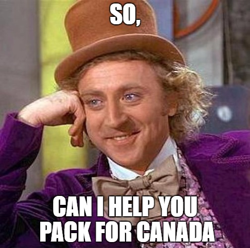 So, can I help you pack for Canada | SO, CAN I HELP YOU PACK FOR CANADA | image tagged in memes,creepy condescending wonka,trump wins,trump,donald trump,canada | made w/ Imgflip meme maker