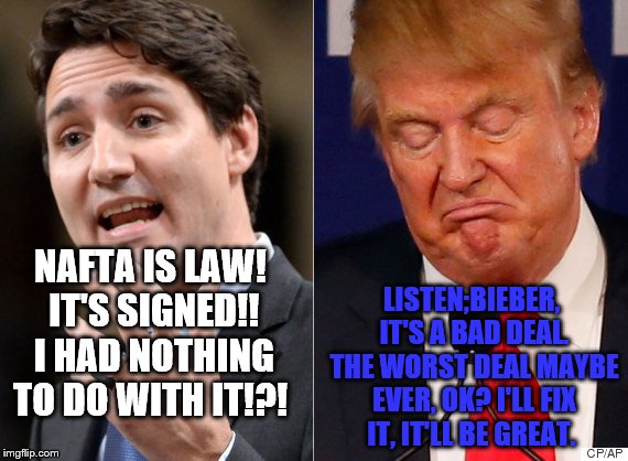 nafta panic | LISTEN;BIEBER, IT'S A BAD DEAL. THE WORST DEAL MAYBE EVER, OK? I'LL FIX IT, IT'LL BE GREAT. NAFTA IS LAW! IT'S SIGNED!! I HAD NOTHING TO DO WITH IT!?! | image tagged in trump,trump nafta | made w/ Imgflip meme maker